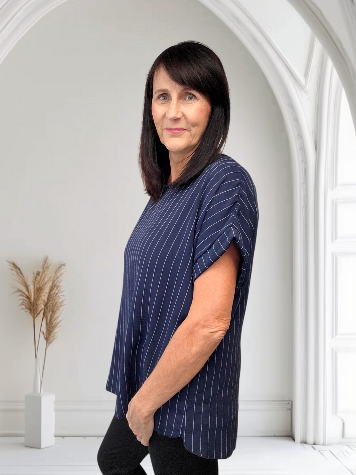 Barbara Classic Pinstripe Short Sleeve Top, Onesize 12-18 - Couture Boutique
