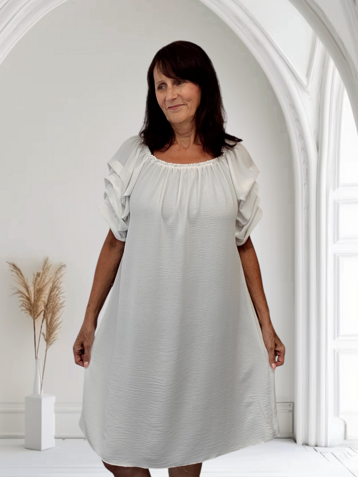 Opal white Bardot  Dress  With Ruffle  Sleeve, Onesize  14-18 - Couture Boutique