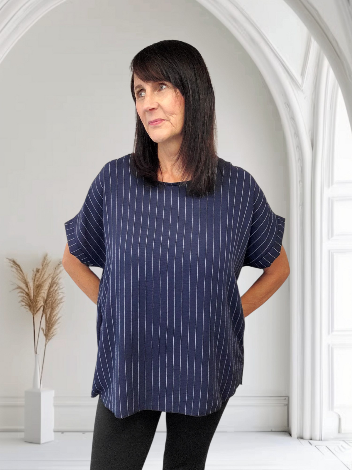 Barbara Classic Pinstripe Short  Sleeve Top, Onesize  12-18 - Couture Boutique