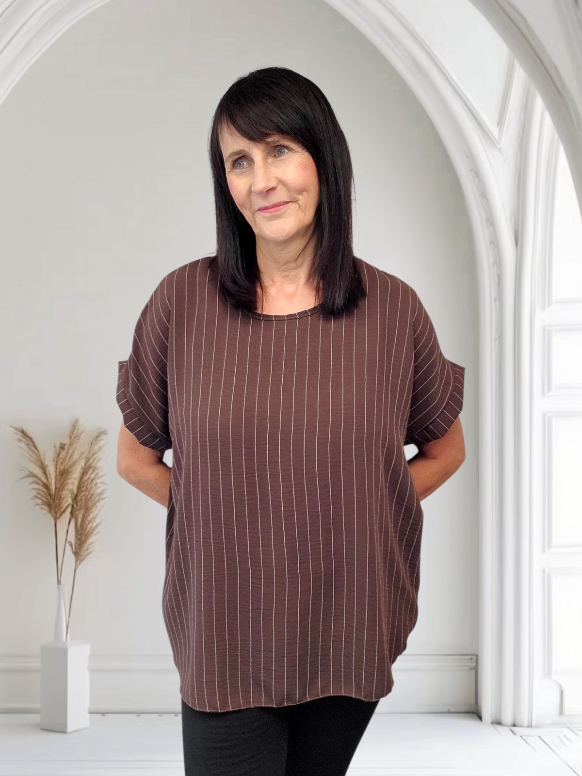 Barbara Classic Pinstripe Short  Sleeve Top, Onesize  12-18 - Couture Boutique