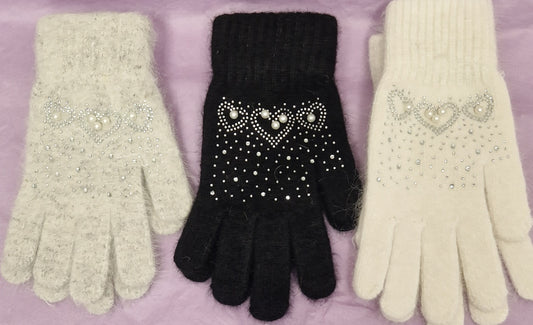 Ladies Wooly Gloves With Pearl Detail - Couture Boutique