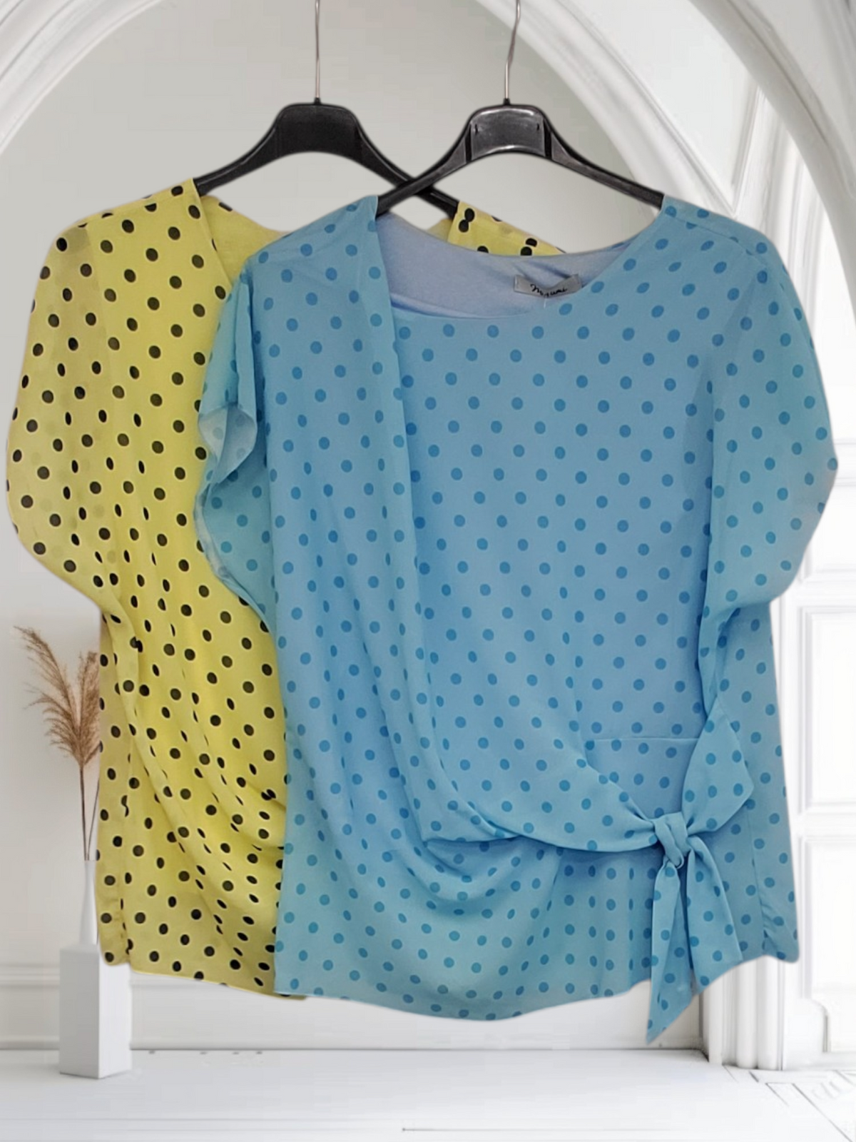 Hana Women’s  Polka Dot Blouse – Short Sleeve Tie Waist Top