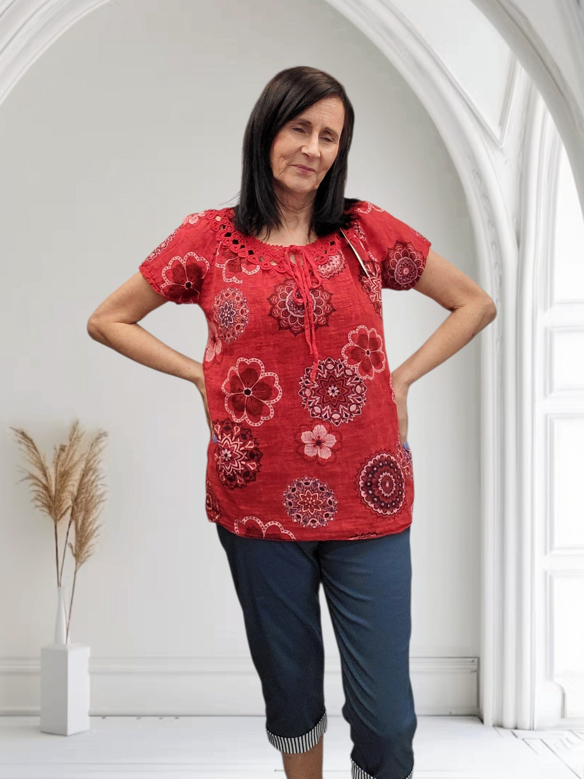 Haya Women's Floral Cotton Top with Crochet Neckline - Couture Boutique