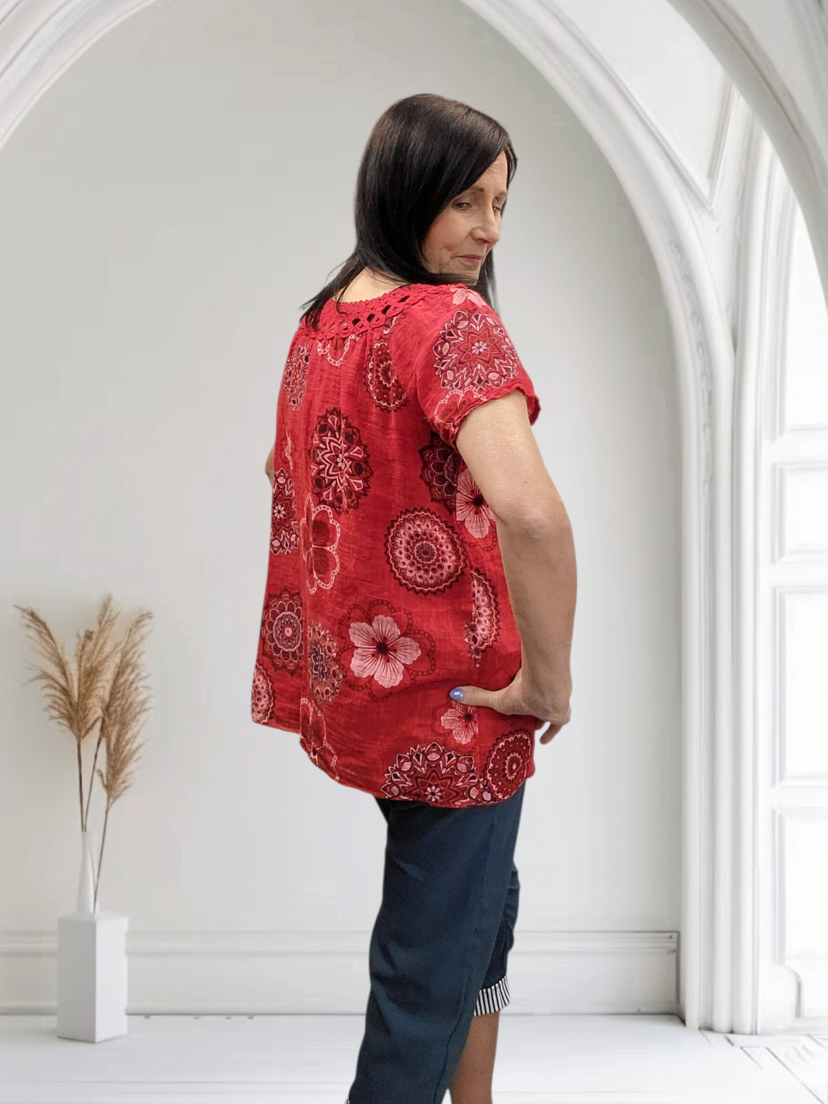 Haya Women's Floral Cotton Top with Crochet Neckline - Couture Boutique