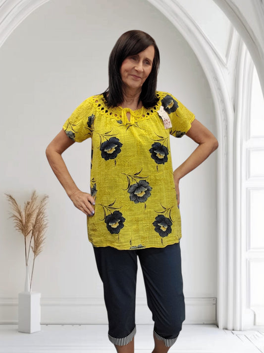 Haya Women's Floral Cotton Top with Crochet Neckline - Couture Boutique