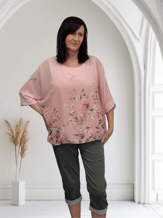 Rosey Blush Pink Floral Chiffon Overlay Top – One Size Fits Up to UK 20 - Couture Boutique
