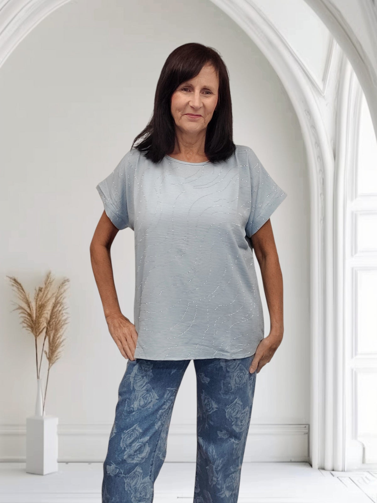 Vicky Diamante Summer Top – Light Blue Sparkle Oversized Top - Couture Boutique