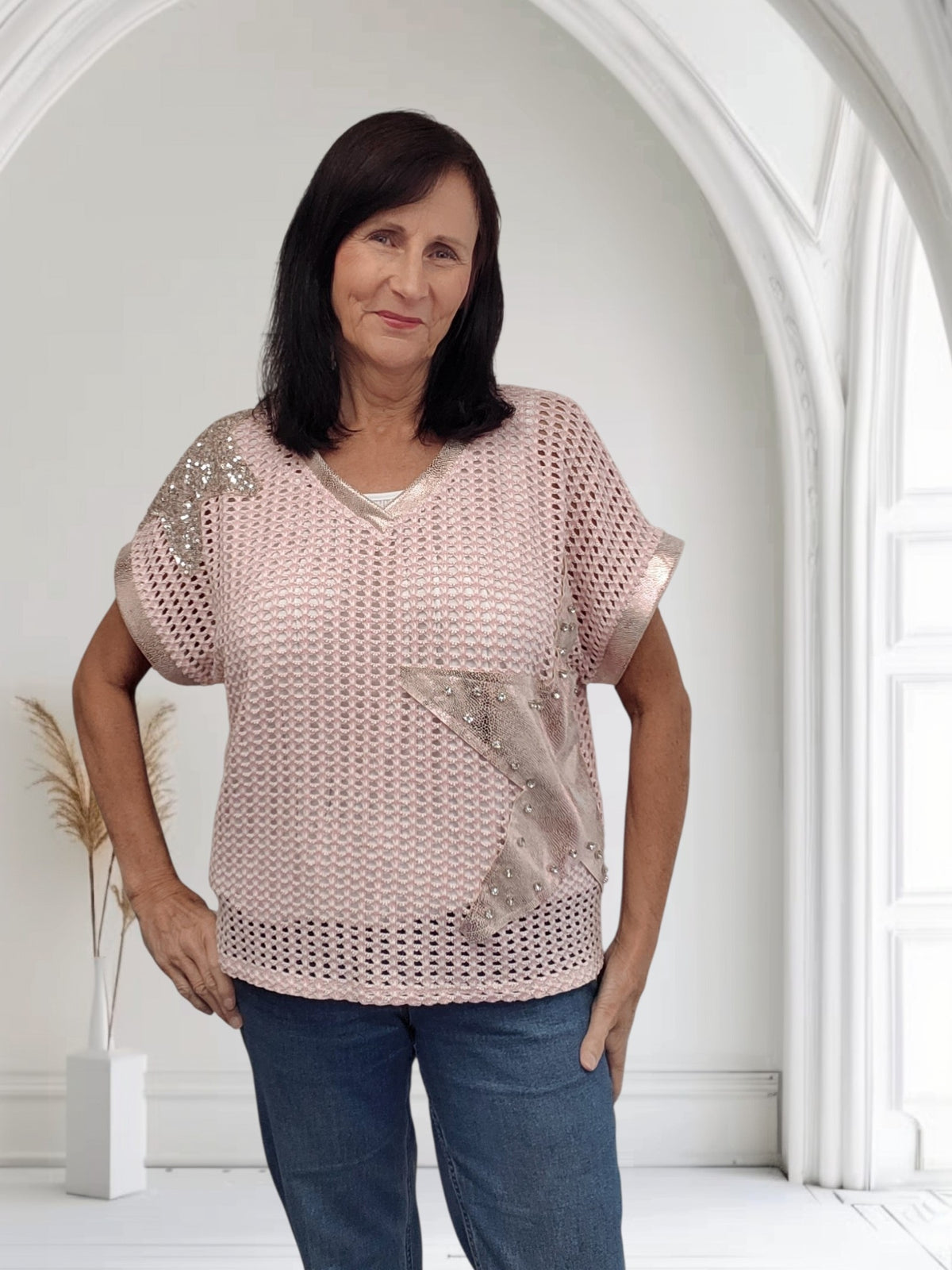 Gayle Blush Pink Crochet Knit Top with Sequin Star Detail – One Size - Couture Boutique
