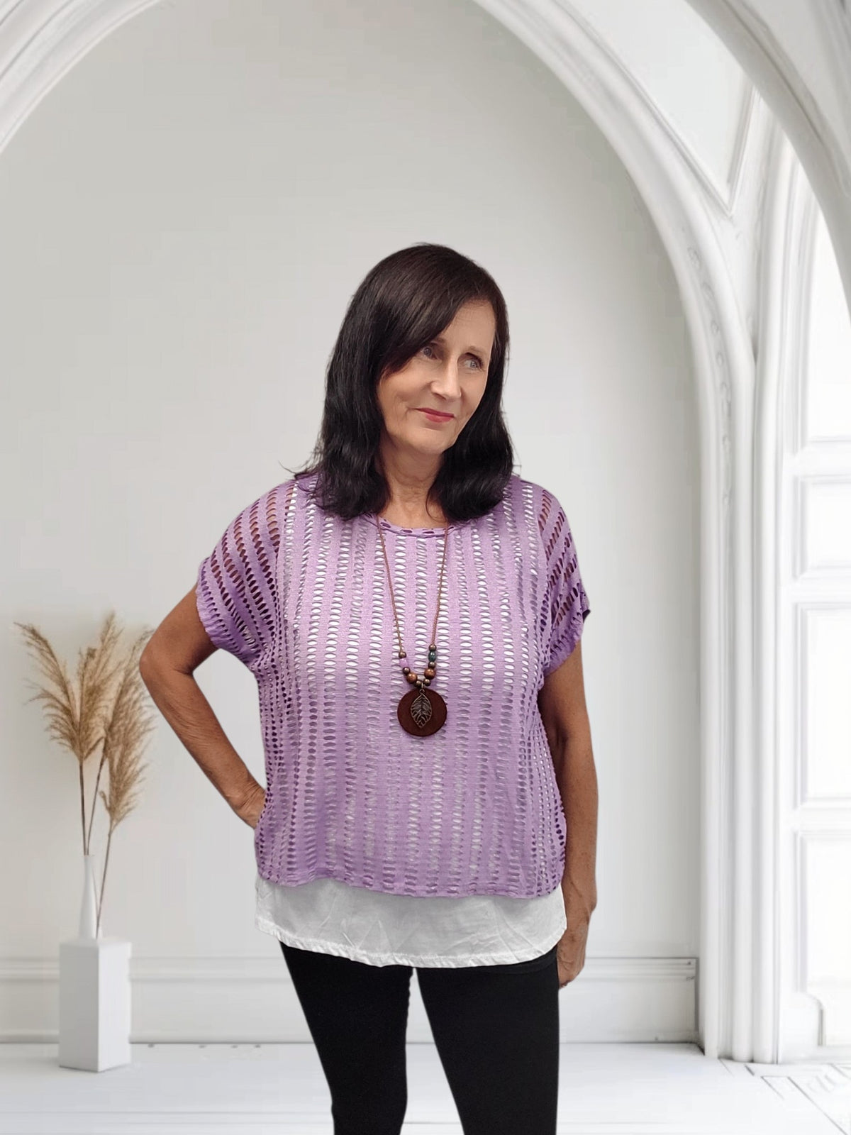 Ladies Open Knit Top with Vest & Necklace | 3 Colours -Ella - Couture Boutique