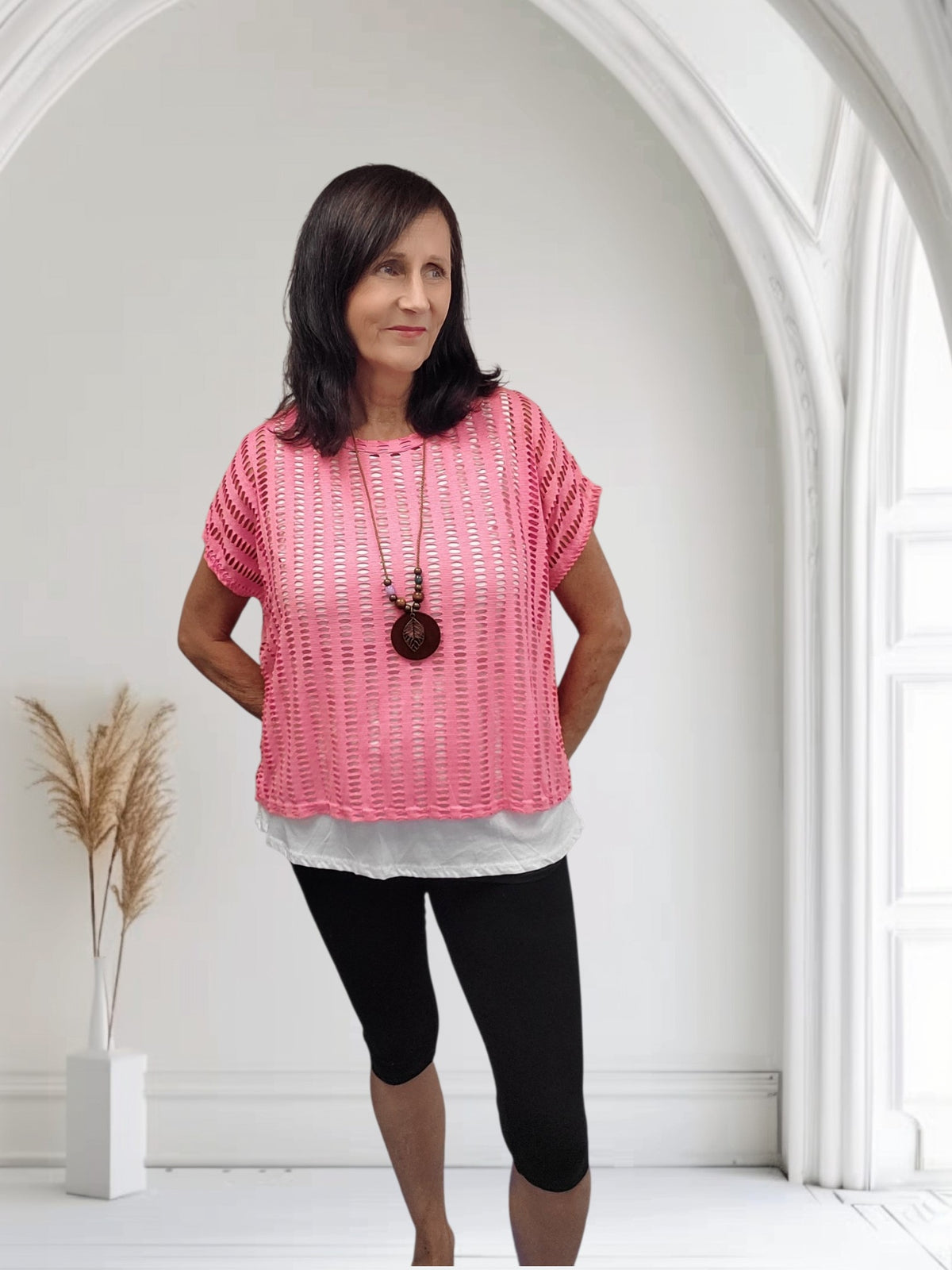 Ladies Open Knit Top with Vest & Necklace | 3 Colours -Ella - Couture Boutique
