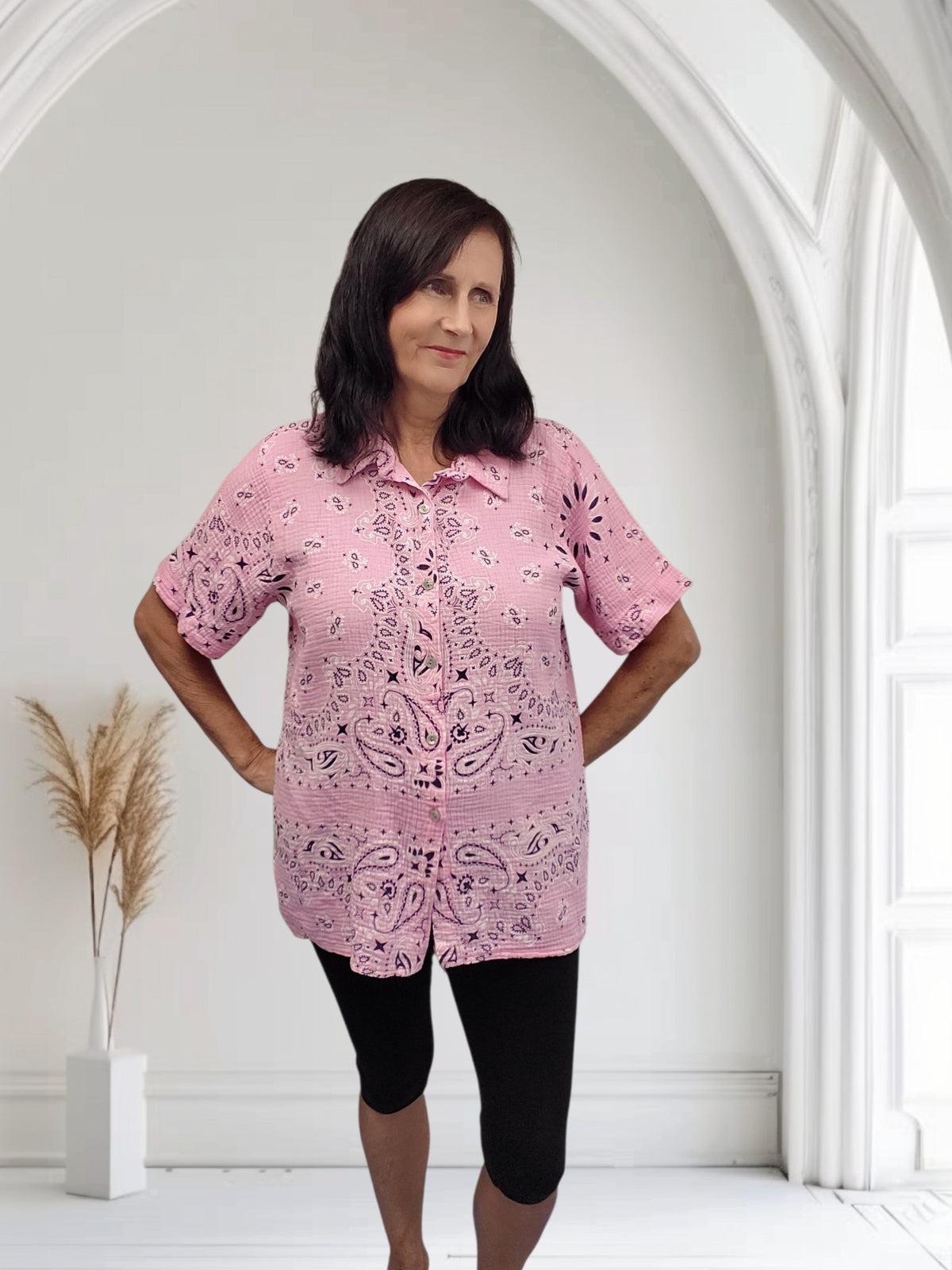 Paisley Print Button-Up Blouse – Short Sleeve | One Size Fits UK 12–18-Liv - Couture Boutique